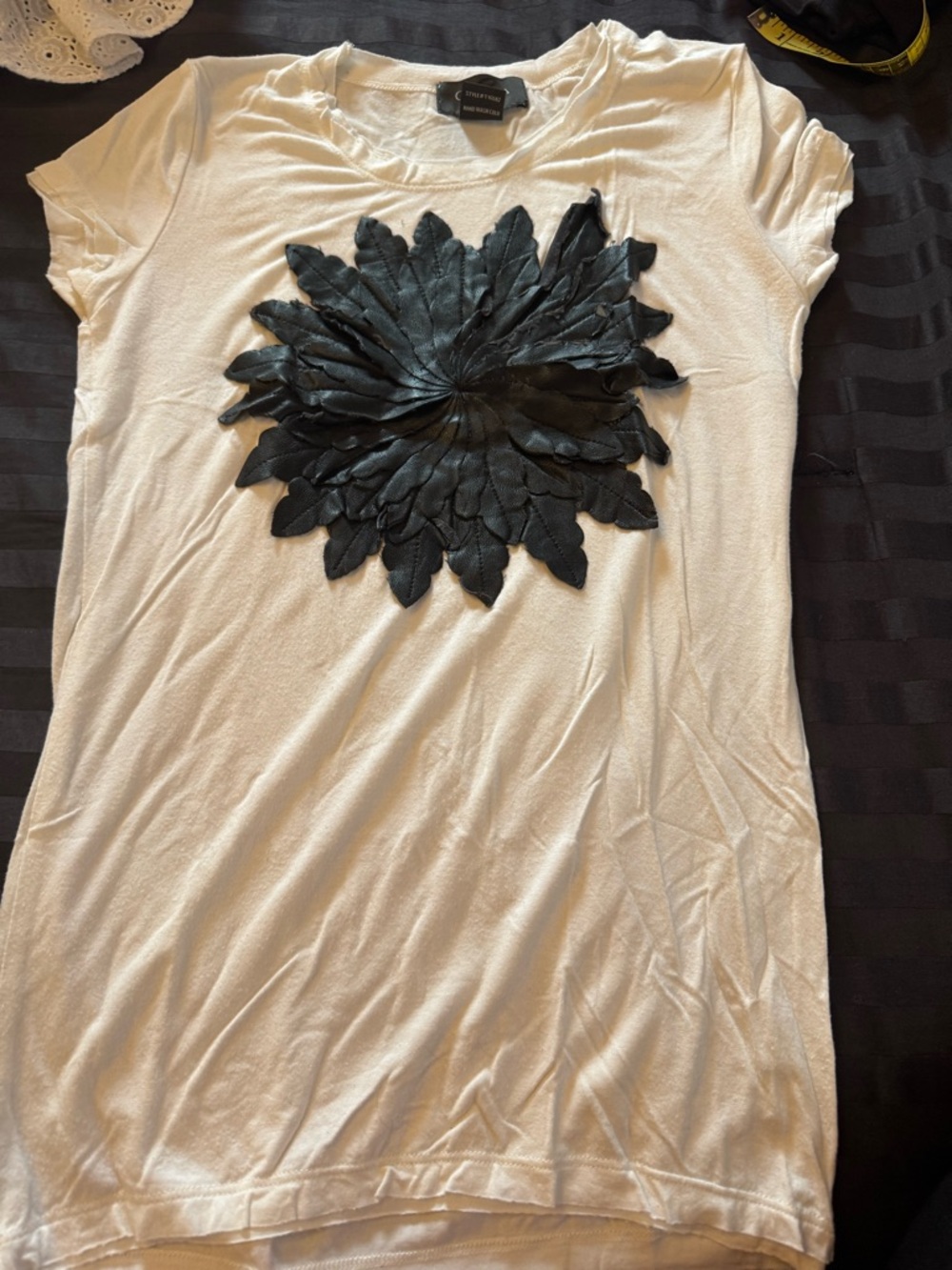 Gracia White Short Sleeve Tee with Black Floral Appliqué